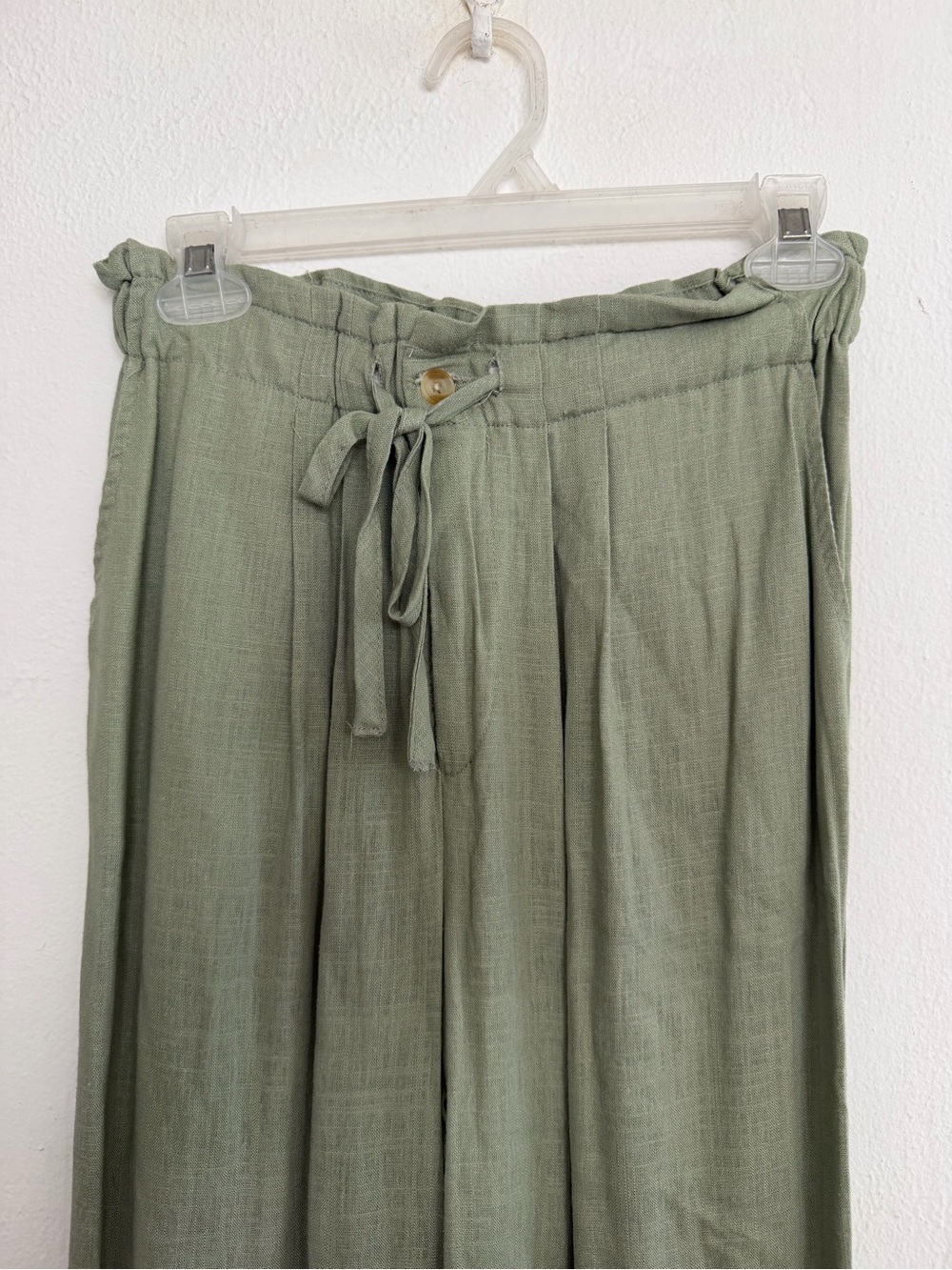 Olive Green Drawstring linen Wide-Leg Pants
